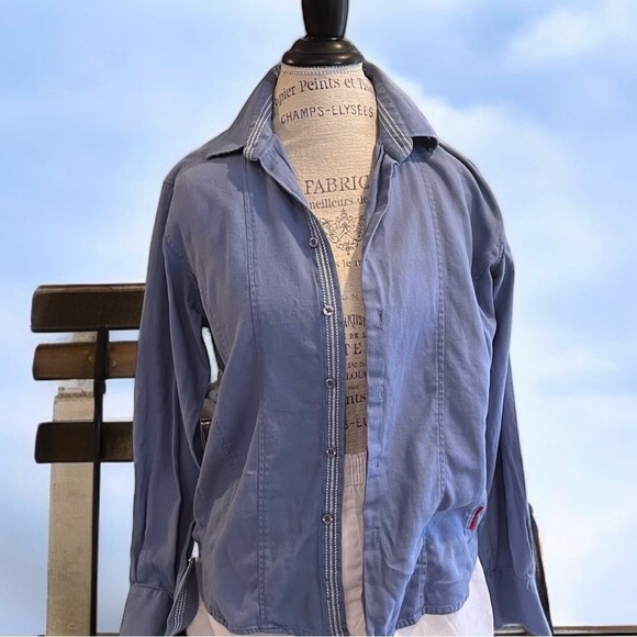 Franky Max cotton button down shirt. Baby blue with white stitching accent - Picture 13 of 16